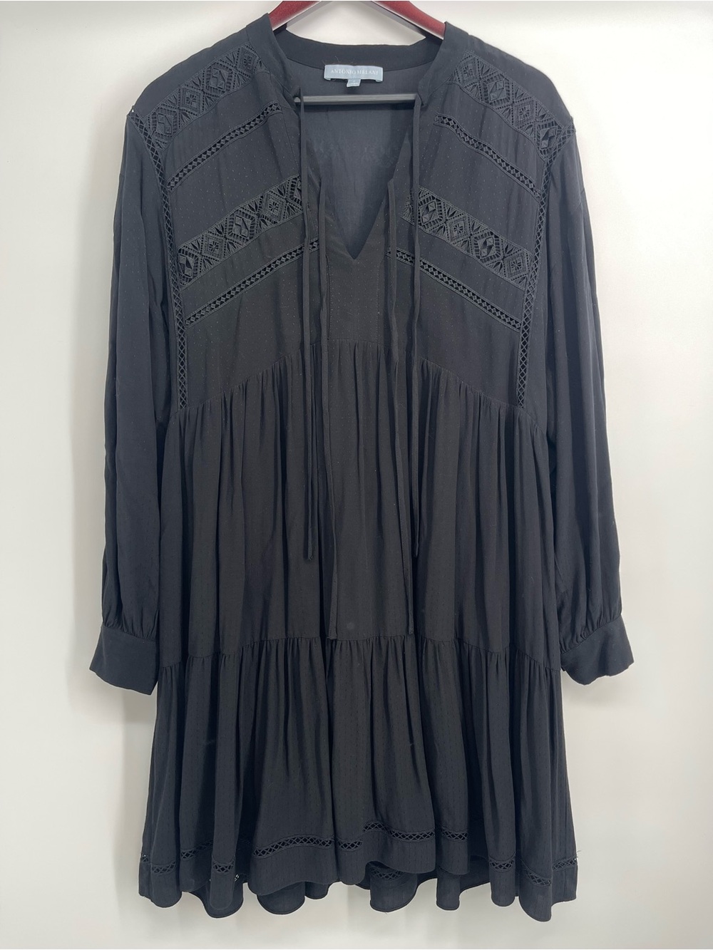 ANTONIO MELANI Black Long-Sleeve Boho Tiered Dress with Lace Insets
